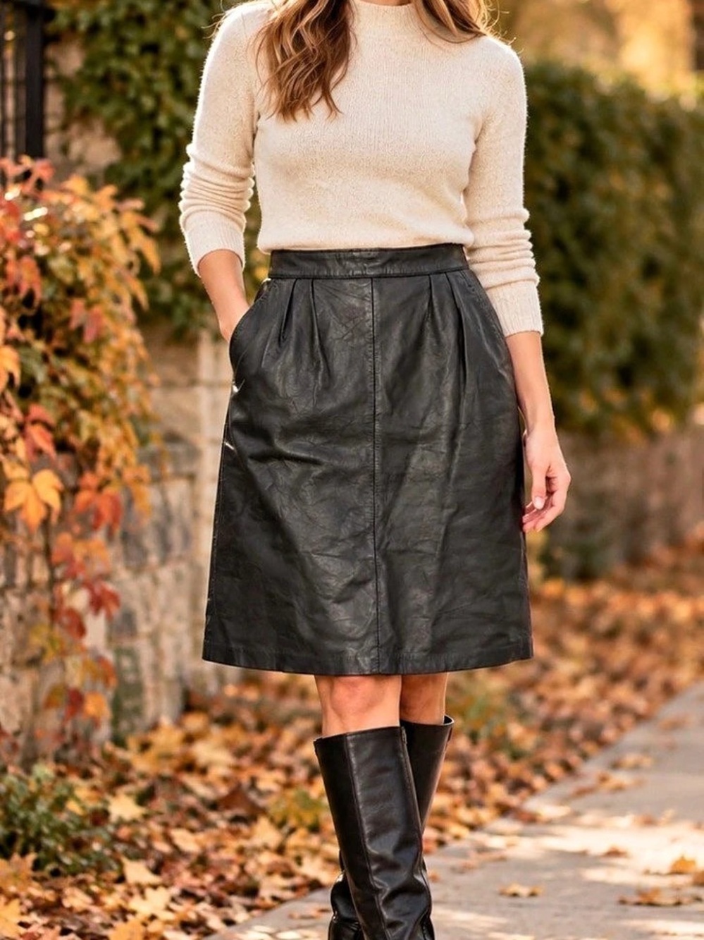 Vintage Black Genuine Leather Pleated Midi Skirt Size 10 High Waist